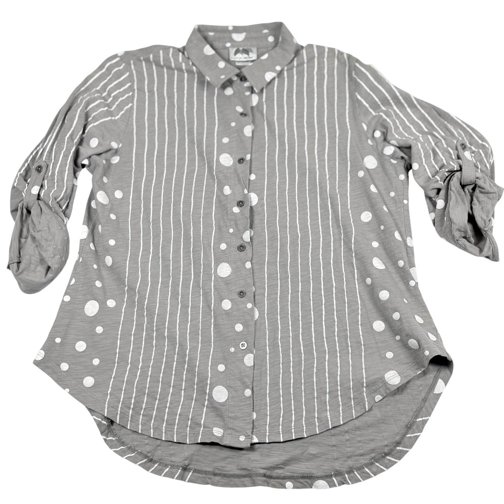 Wild Palms Tunic Top Large Polka Dot Stripe Button Front 3/4 Roll Tab Sleeve